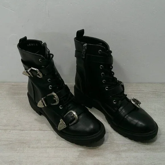 Dolls Kill Combat Moto Lace up Black Boots with Silver Buckle Strap Size 6 - Picture 3 of 13